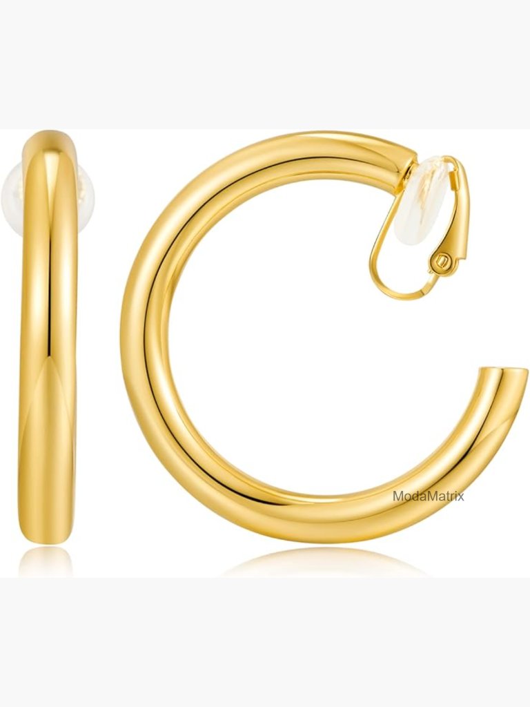 Large 40mm Chunky Gold Clip On Hoop Earrings - Non Pierced
